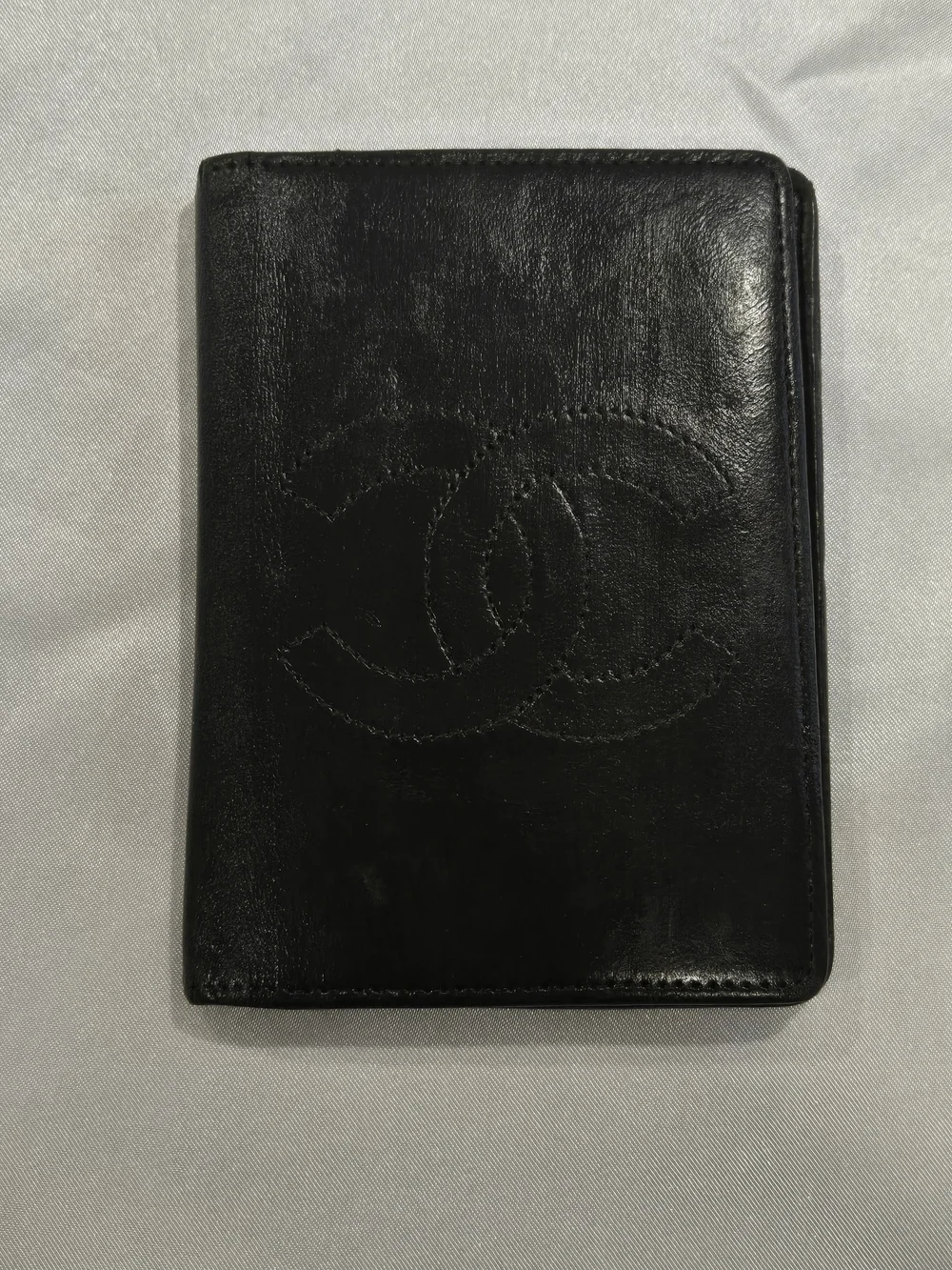 CHANEL Authentic Black Stitched CC Leather Card Holder With COA